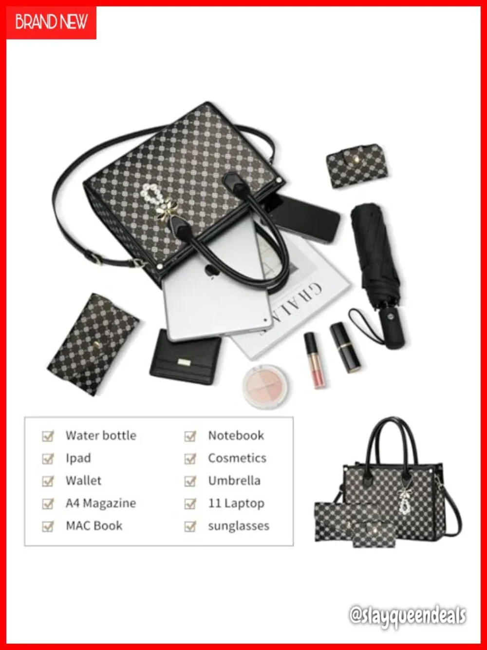 Women Satchel Handbag 3-Piece Set with Wallet, PU Leather, Checkered